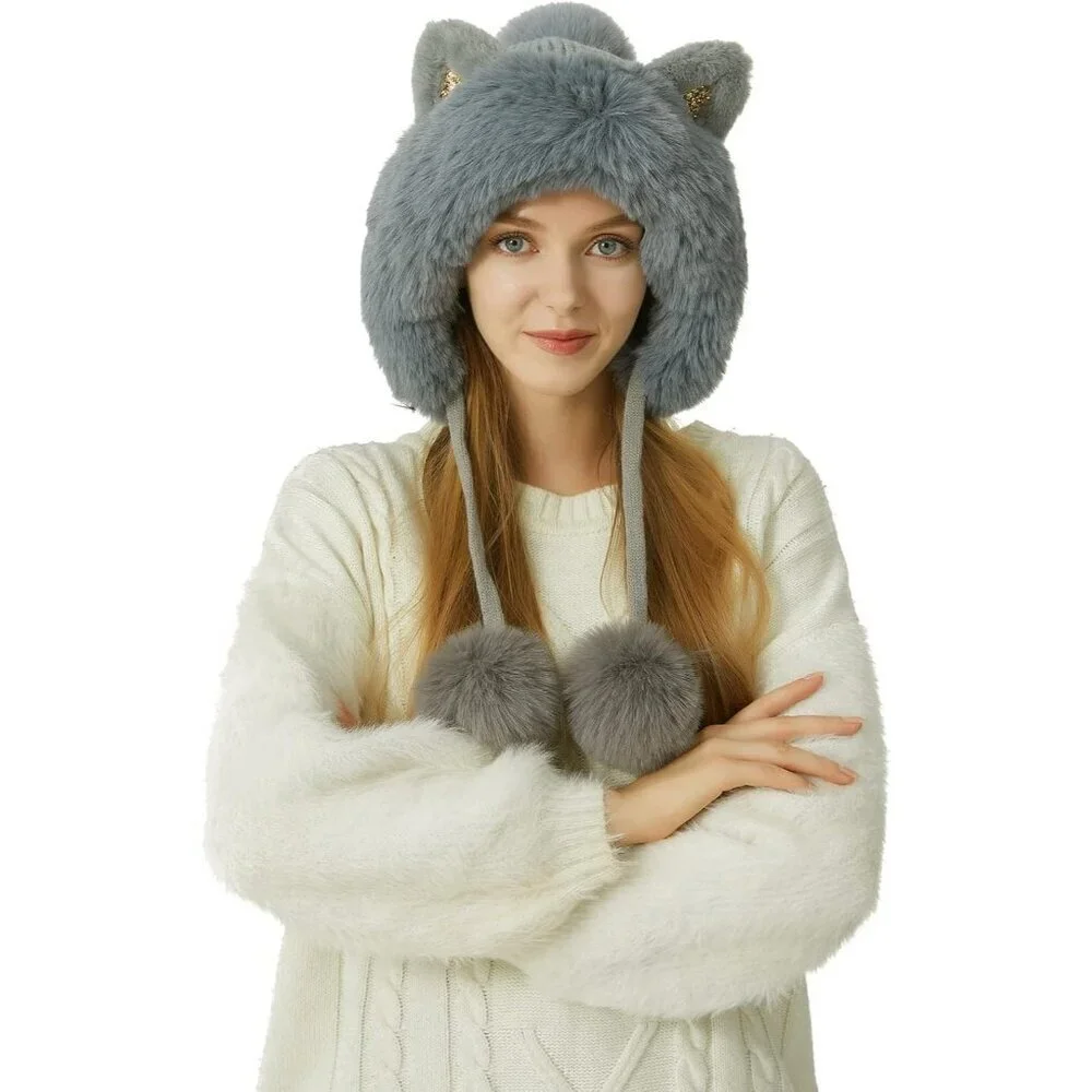Women Grey Solid Winter Peruvian Cover Ears Beanie Hat Ear Flaps Sherpa Snow